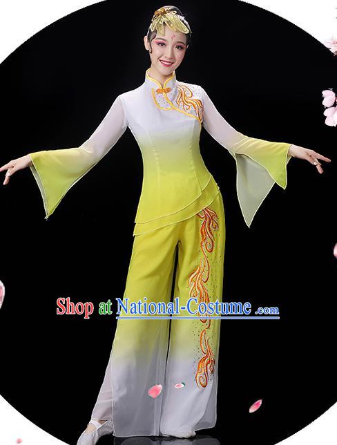 Chinese Folk Dance Costumes Yangko Dance Performance Apparels Women Group Dance Clothing Traditional Fan Dance Yellow Outfits