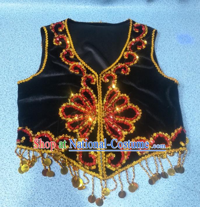 Chinese Ethnic Woman Dancewear Uighur Nationality Woman Black Embroidered Vest Uyghur Minority Dance Waistcoat Clothing