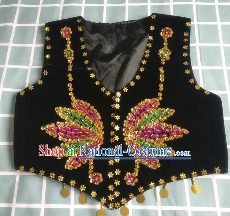 Chinese Uyghur Minority Dance Waistcoat Clothing Ethnic Woman Dancewear Uighur Nationality Woman Black Embroidered Vest