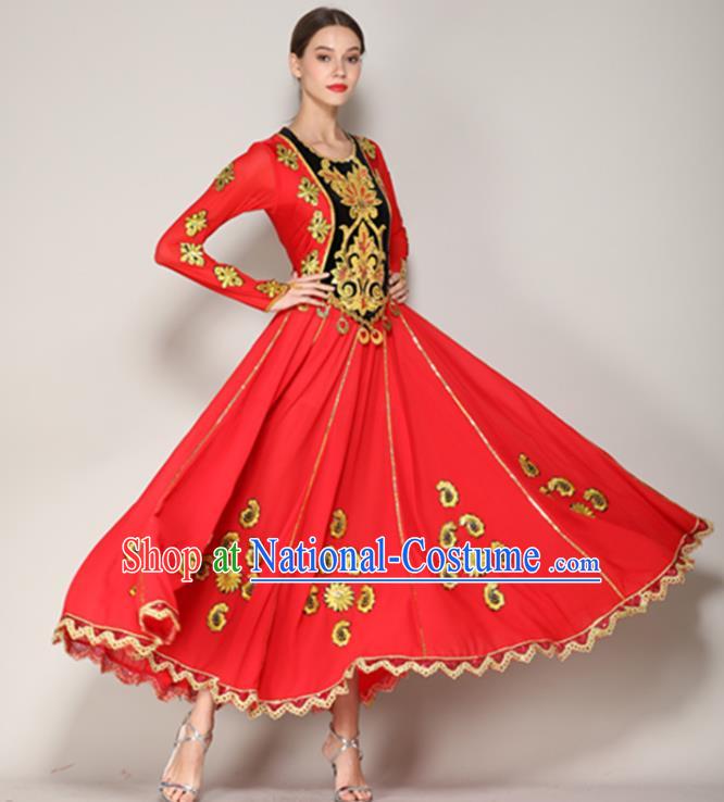 Chinese Uighur Nationality Woman Dance Red Dress Uyghur Minority Dancewear Xinjiang Ethnic Performance Clothing