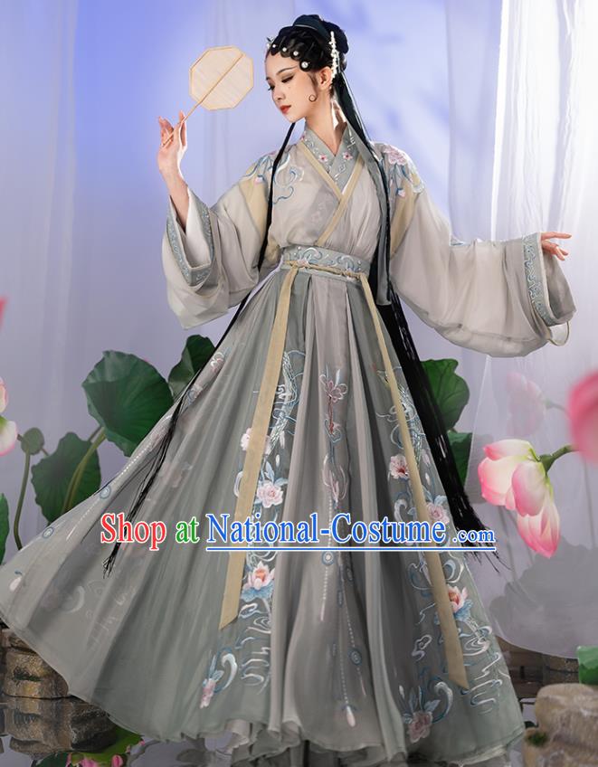 China Jin Dynasty Palace Beauty Historical Clothing Ancient Royal Princess Garment Costumes Traditional Grey Hanfu Dress