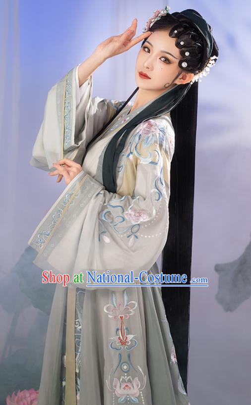 China Jin Dynasty Palace Beauty Historical Clothing Ancient Royal Princess Garment Costumes Traditional Grey Hanfu Dress