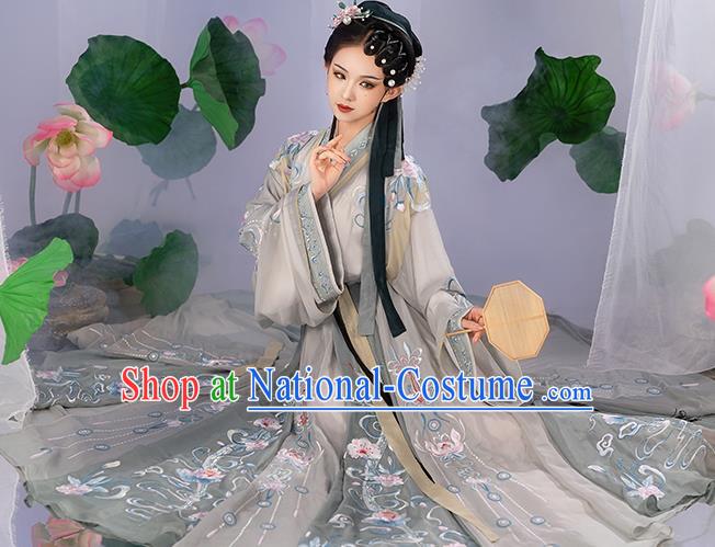 China Jin Dynasty Palace Beauty Historical Clothing Ancient Royal Princess Garment Costumes Traditional Grey Hanfu Dress