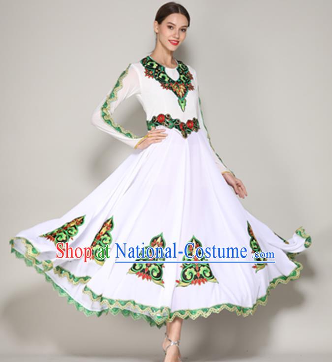 Chinese Uighur Nationality Folk Dance White Dress Xinjiang Minority Woman Dancewear Uyghur Ethnic Performance Clothing