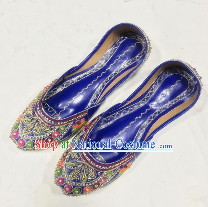 Handmade Indian Royalblue Embroidered Shoes Female Shoes Asian Wedding Bride Shoes India Folk Dance Shoes