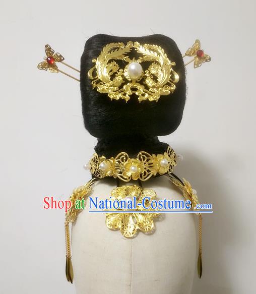 Chinese Classical Dance Hair Accessories Women Dance Headdress Stage Performance Hairpieces Traditional Tang Dynasty Court Dance Wigs Chignon