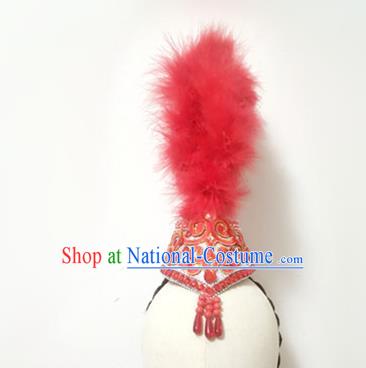 China Folk Dance Red Feather Hat Xinjiang Ethnic Dance Hair Crown Kazak Nationality Dance Hair Accessories