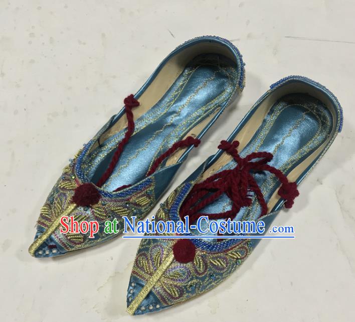 Handmade India Folk Dance Shoes Indian Embroidery Blue Leather Shoes Asian Female Shoes Wedding Bride Shoes