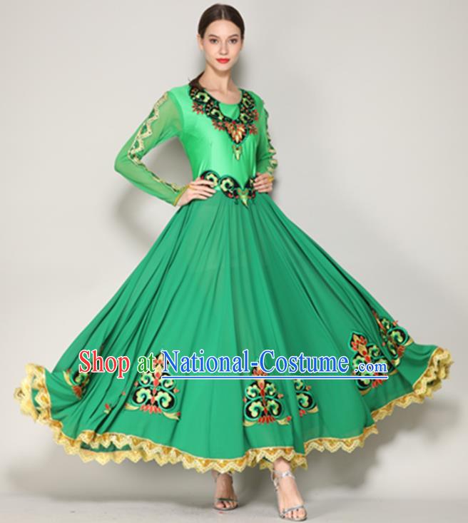 Chinese Uyghur Ethnic Performance Clothing Uighur Nationality Folk Dance Green Dress Xinjiang Minority Woman Dancewear