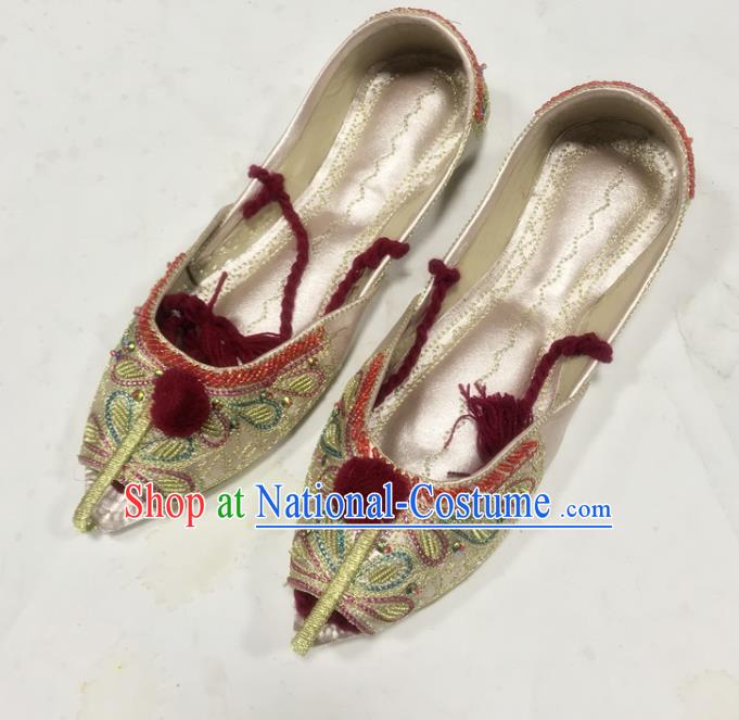 Handmade India Wedding Bride Shoes Folk Dance Shoes Indian Embroidery Champagne Leather Shoes Asian Female Shoes