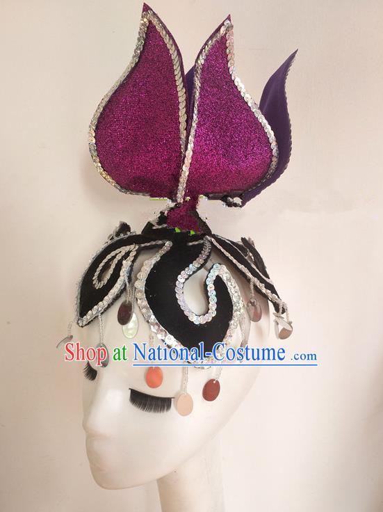 China Folk Dance Purple Aster Hat Yangko Dance Hair Accessories Flying Apsaras Dance Headpiece Women Opening Dance Hair Crown