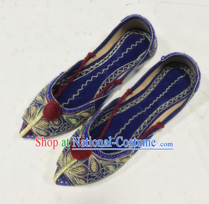 Handmade Indian Embroidery Deep Blue Leather Shoes Asian Female Shoes India Wedding Bride Shoes Folk Dance Shoes