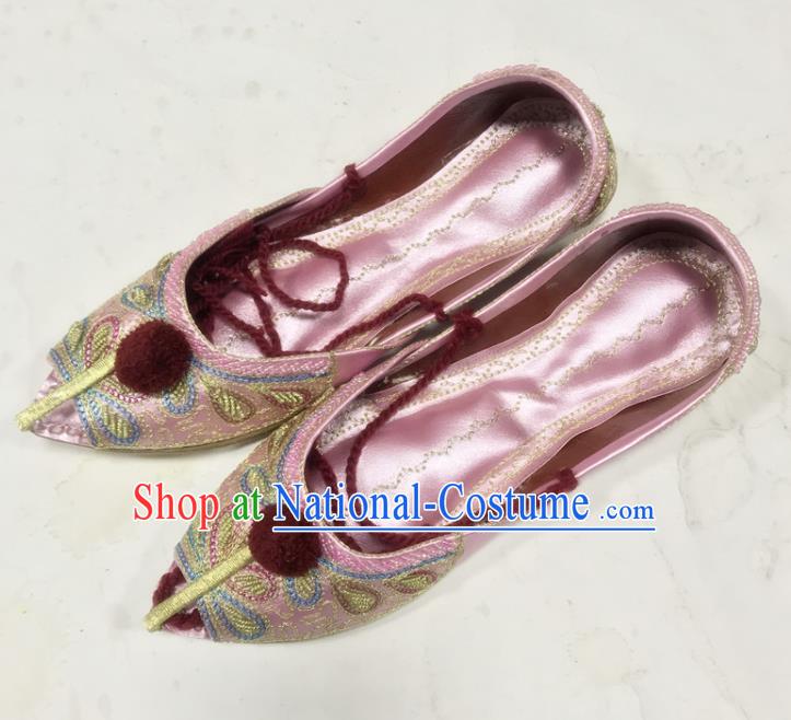 Handmade Indian Folk Dance Shoes Embroidery Shoes Asian Nepal Shoes India Female Pink Leather Shoes