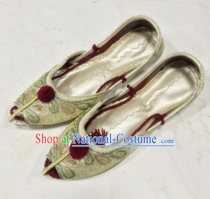 Handmade India Female Yellow Leather Shoes Indian Folk Dance Shoes Embroidery Shoes Asian Nepal Shoes