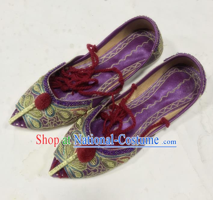 Handmade Asian Nepal Shoes India Female Purple Leather Shoes Indian Folk Dance Shoes Embroidery Shoes