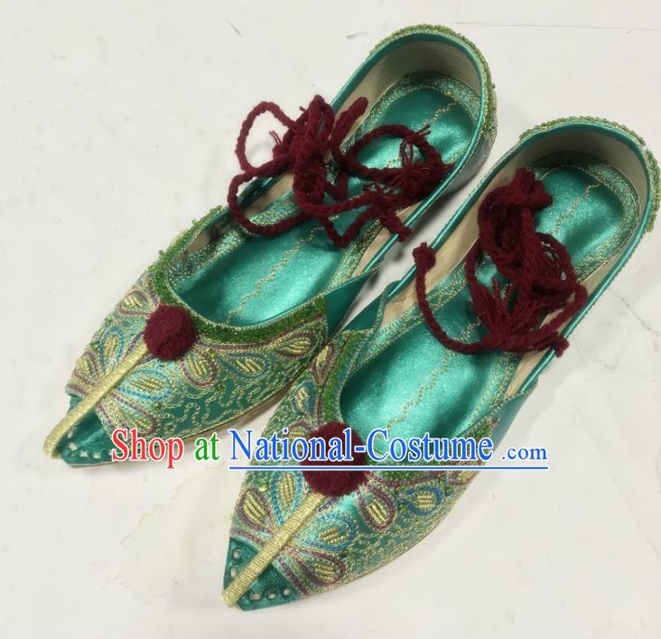 Handmade Indian Folk Dance Shoes Asian Nepal Bride Shoes Embroidery Shoes India Female Green Leather Shoes