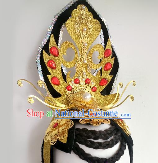 Chinese Beauty Dance Hairpieces Traditional Flying Apsaras Dance Wigs Chignon Classical Dance Hair Accessories Woman Group Dance Headdress