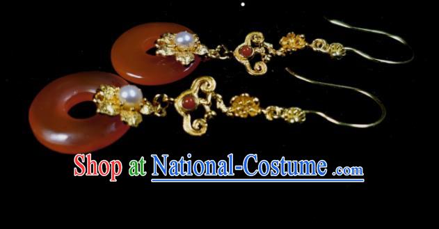 Handmade Chinese Qing Dynasty Imperial Consort Eardrop Traditional Agate Ring Ear Accessories National Pearls Earrings Cheongsam Ear Jewelry