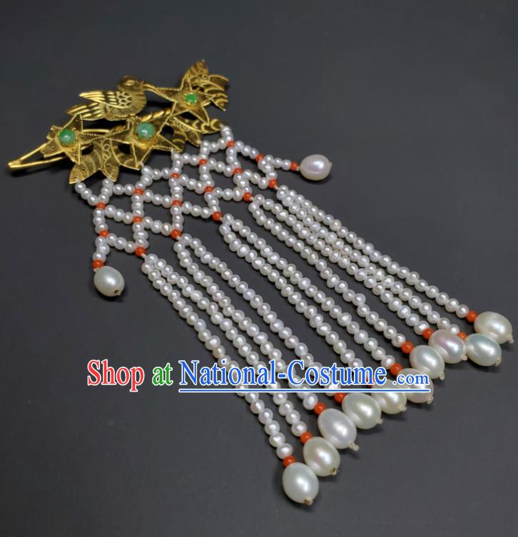 Chinese Ancient Empress Pearls Tassel Hairpin Traditional Qipao Dress Hair Accessories Handmade Qing Dynasty Queen Golden Bird Hair Stick