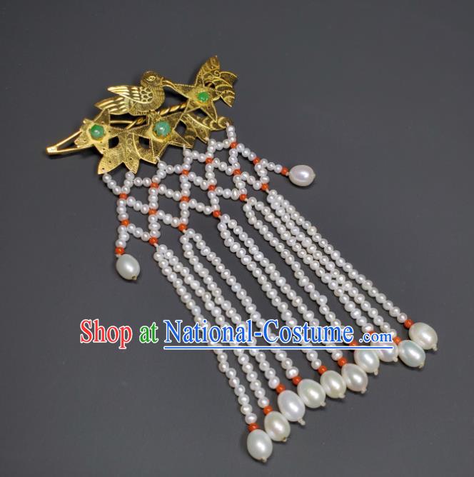 Chinese Ancient Empress Pearls Tassel Hairpin Traditional Qipao Dress Hair Accessories Handmade Qing Dynasty Queen Golden Bird Hair Stick