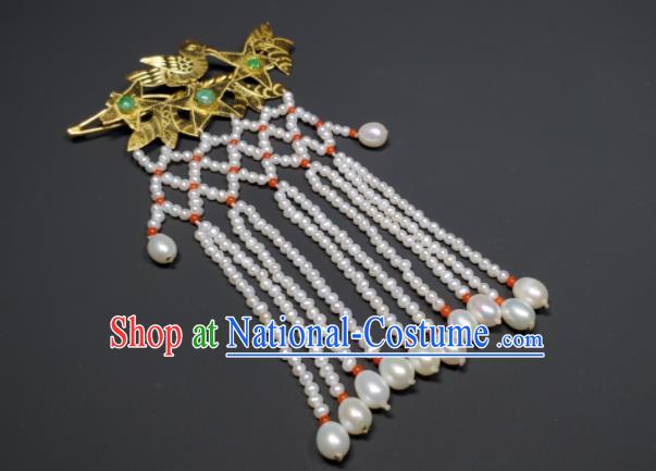 Chinese Ancient Empress Pearls Tassel Hairpin Traditional Qipao Dress Hair Accessories Handmade Qing Dynasty Queen Golden Bird Hair Stick