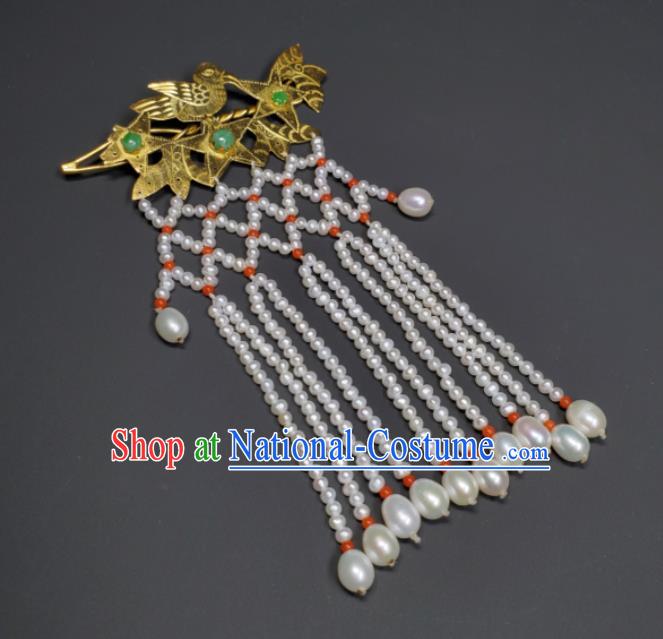 Chinese Ancient Empress Pearls Tassel Hairpin Traditional Qipao Dress Hair Accessories Handmade Qing Dynasty Queen Golden Bird Hair Stick