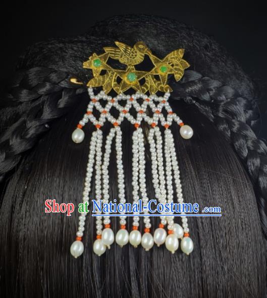 Chinese Ancient Empress Pearls Tassel Hairpin Traditional Qipao Dress Hair Accessories Handmade Qing Dynasty Queen Golden Bird Hair Stick