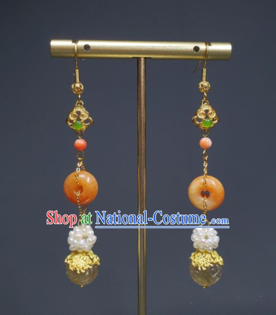 Handmade Chinese Cheongsam Ear Jewelry Qing Dynasty Imperial Consort Eardrop Traditional Agate Ear Accessories National Pearls Earrings