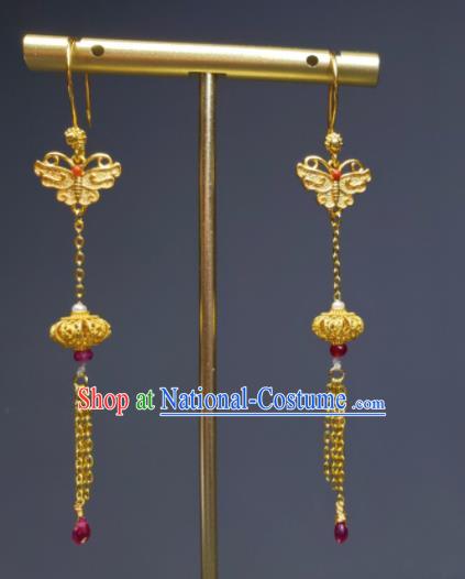 Handmade Chinese National Earrings Cheongsam Ear Jewelry Qing Dynasty Imperial Consort Eardrop Traditional Golden Lantern Ear Accessories