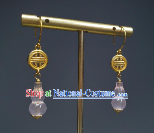 Handmade Chinese Traditional Ear Accessories National Rose Quartz Gourd Earrings Cheongsam Ear Jewelry Qing Dynasty Imperial Consort Eardrop