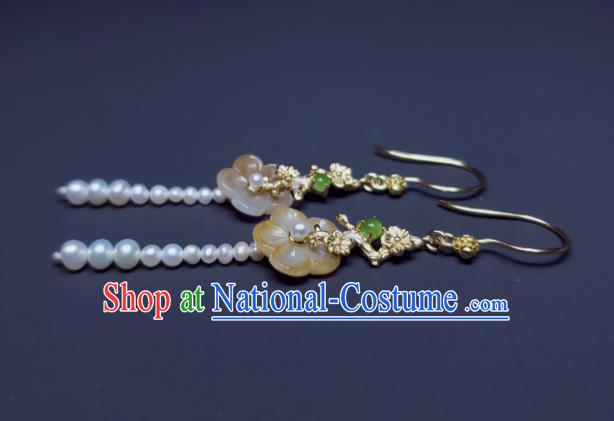 Handmade Chinese Cheongsam Jade Plum Ear Jewelry Song Dynasty Princess Eardrop Traditional Ear Accessories National Pearls Earrings