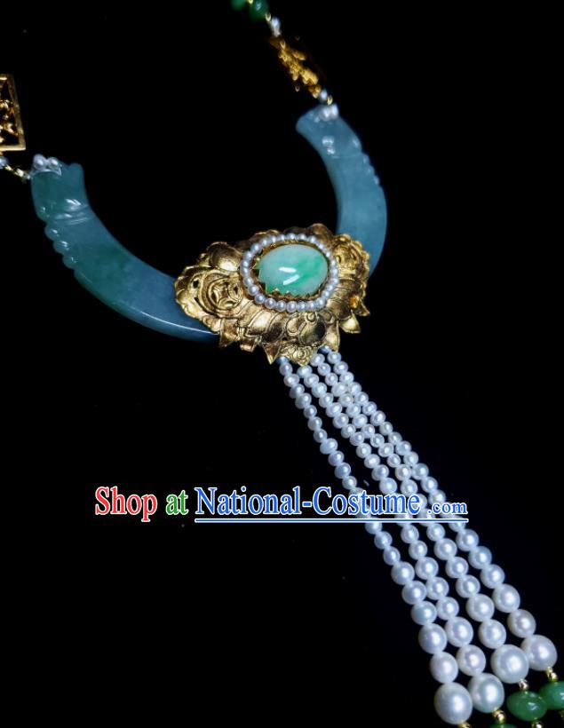 China Ancient Imperial Consort Necklace Accessories Qing Dynasty Jadeite Necklet Handmade Golden Lotus Jewelry