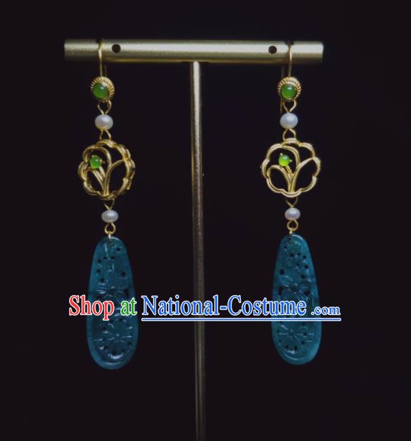 Handmade Chinese Traditional Ear Accessories National Jadeite Earrings Cheongsam Ear Jewelry Qing Dynasty Golden Orchid Eardrop