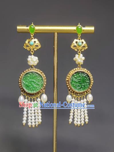 Handmade Chinese Qing Dynasty Pearls Tassel Eardrop Traditional Ear Accessories National Jadeite Earrings Cheongsam Ear Jewelry