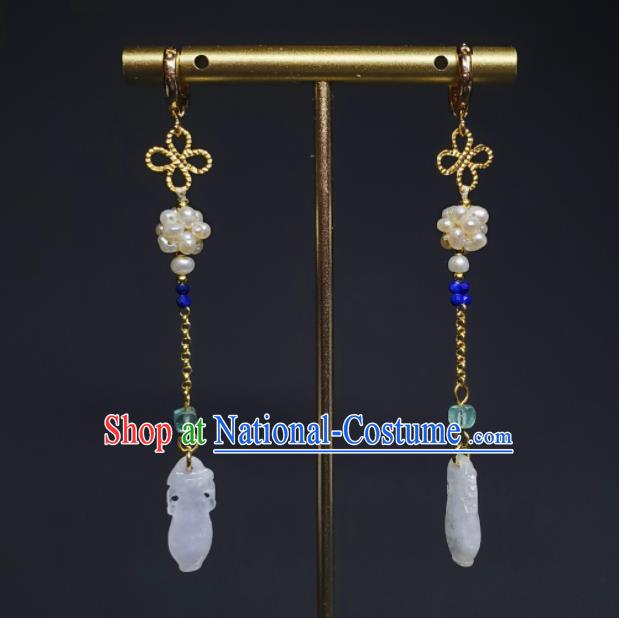 Handmade Chinese Traditional Jade Ear Jewelry Qing Dynasty Pearls Eardrop Cheongsam Ear Accessories National Earrings