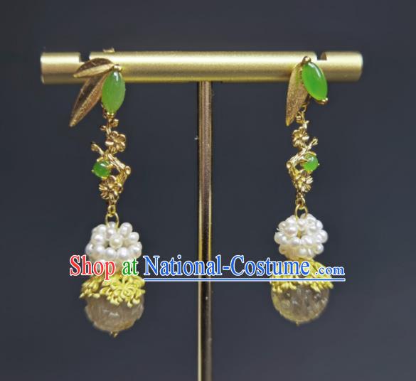 Handmade Chinese National Topaz Carving Earrings Traditional Jade Ear Jewelry Qing Dynasty Pearls Eardrop Cheongsam Ear Accessories