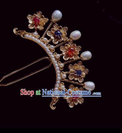 Chinese Handmade Tang Dynasty Queen Golden Plum Hair Stick Ancient Empress Gems Hairpin Traditional Hanfu Hair Accessories