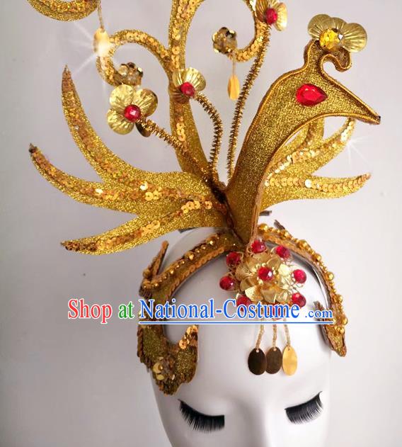 China Women Opening Dance Hair Crown Group Dance Golden Hat Stage Performance Hair Accessories Modern Dance Headpiece