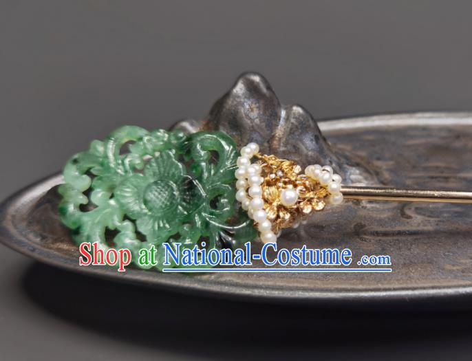 Chinese Traditional Jadeite Hair Accessories Handmade Qing Dynasty Queen Hair Stick Ancient Empress Pearls Hairpin