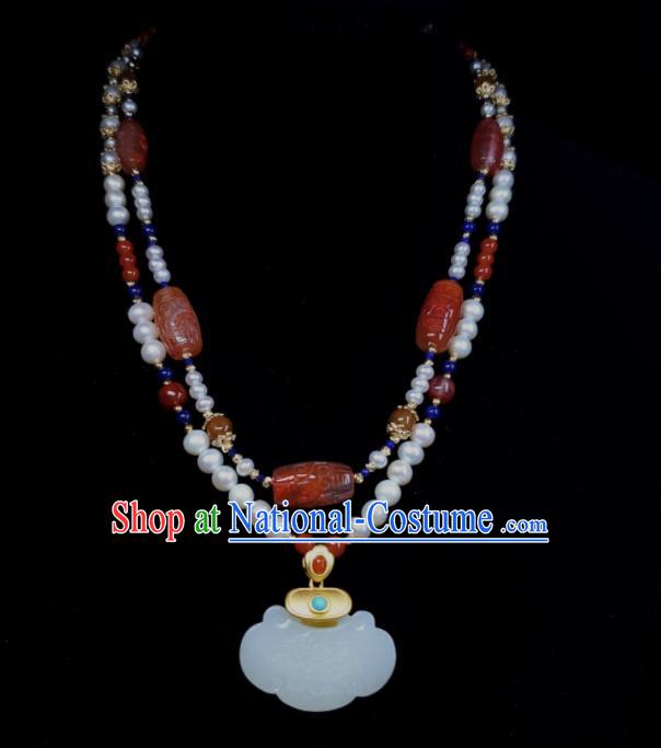 China Handmade Jade Longevity Lock Jewelry Ancient Imperial Consort Necklace Accessories Qing Dynasty Agate Necklet