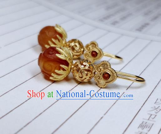 Handmade Chinese Qing Dynasty Palace Eardrop Cheongsam Ear Accessories National Agate Earrings Traditional Golden Gourd Ear Jewelry