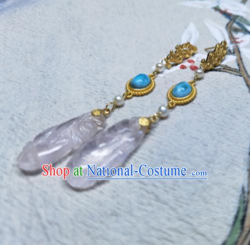 Handmade Chinese Traditional Ear Jewelry Qing Dynasty Palace Eardrop Cheongsam Ear Accessories National Rose Quartz Earrings