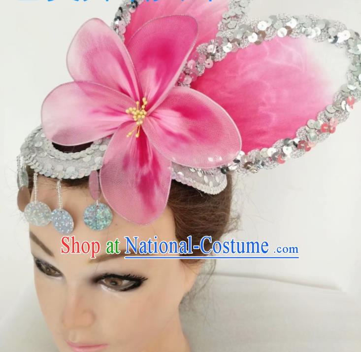 China Stage Performance Hair Accessories Modern Dance Headpiece Opening Dance Pink Peach Blossom Hair Crown Women Group Dance Hat