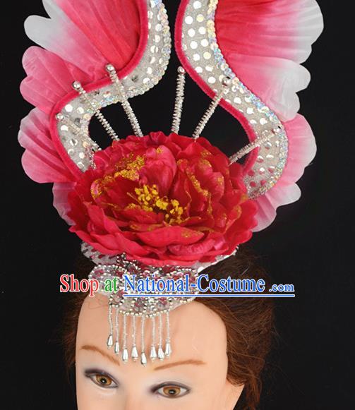 China Opening Dance Red Peony Hair Crown Women Group Dance Hat Flower Dance Hair Accessories Modern Dance Headpiece