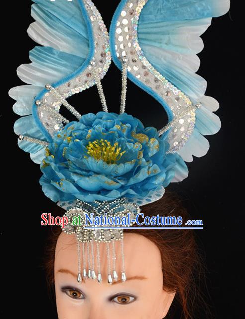 China Modern Dance Headpiece Opening Dance Blue Peony Hair Crown Women Group Dance Hat Flower Dance Hair Accessories