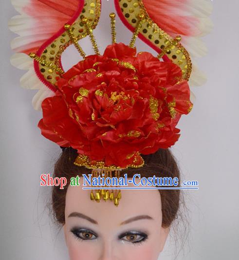 China Women Group Dance Hat Spring Festival Gala Flower Dance Hair Accessories Modern Dance Headpiece Opening Dance Red Peony Hair Crown