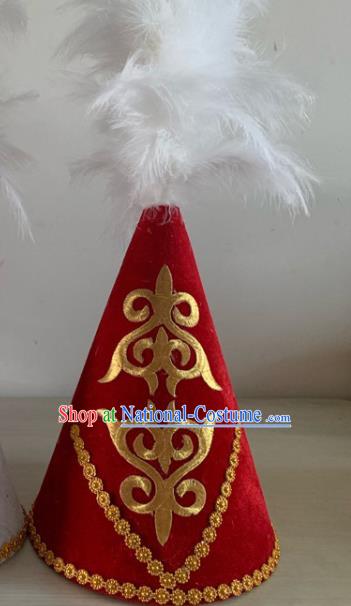 China Kazakh Minority Female Feather Headdress Xinjiang Ethnic Folk Dance Red Hat Kazak Nationality Stage Performance Headwear