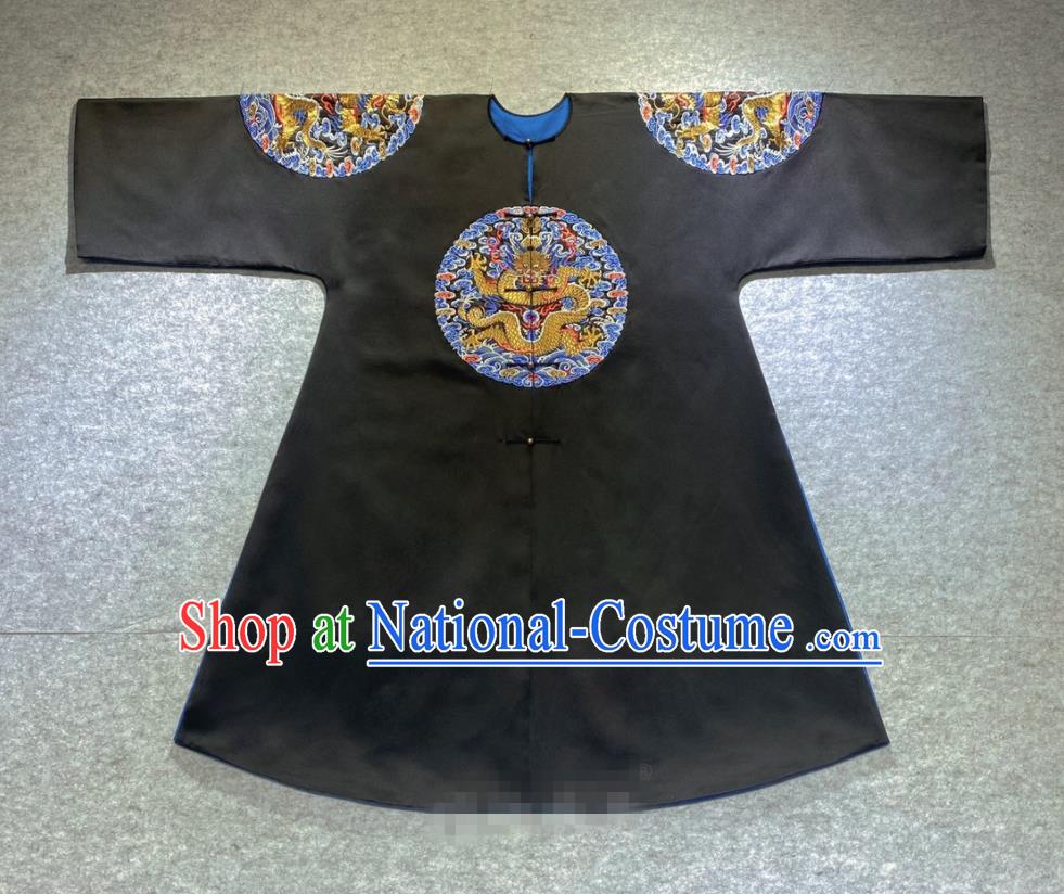 Chinese Qing Dynasty Garment Costumes Traditional Manchu Male Official Robe Ancient Royal Highness Black Imperial Gown