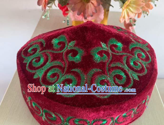 Chinese Kazak Nationality Embroidered Wine Red Pleuche Hat Xinjiang Minority Folk Dance Headdress Ethnic Male Performance Headwear