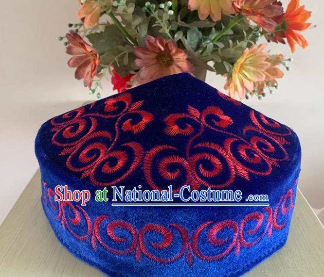 Chinese Ethnic Male Performance Headwear Kazak Nationality Embroidered Blue Pleuche Hat Xinjiang Minority Folk Dance Headdress